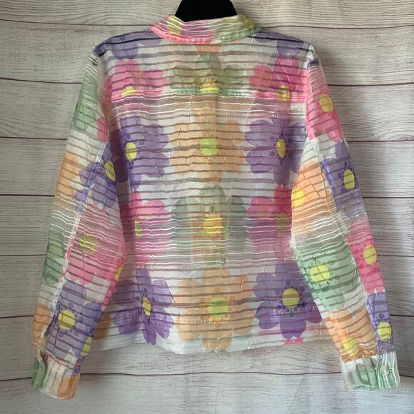 Erin London Pastel Floral Sheer Textured Button Down Jacket Spring Shirt Size L - Picture 6 of 16